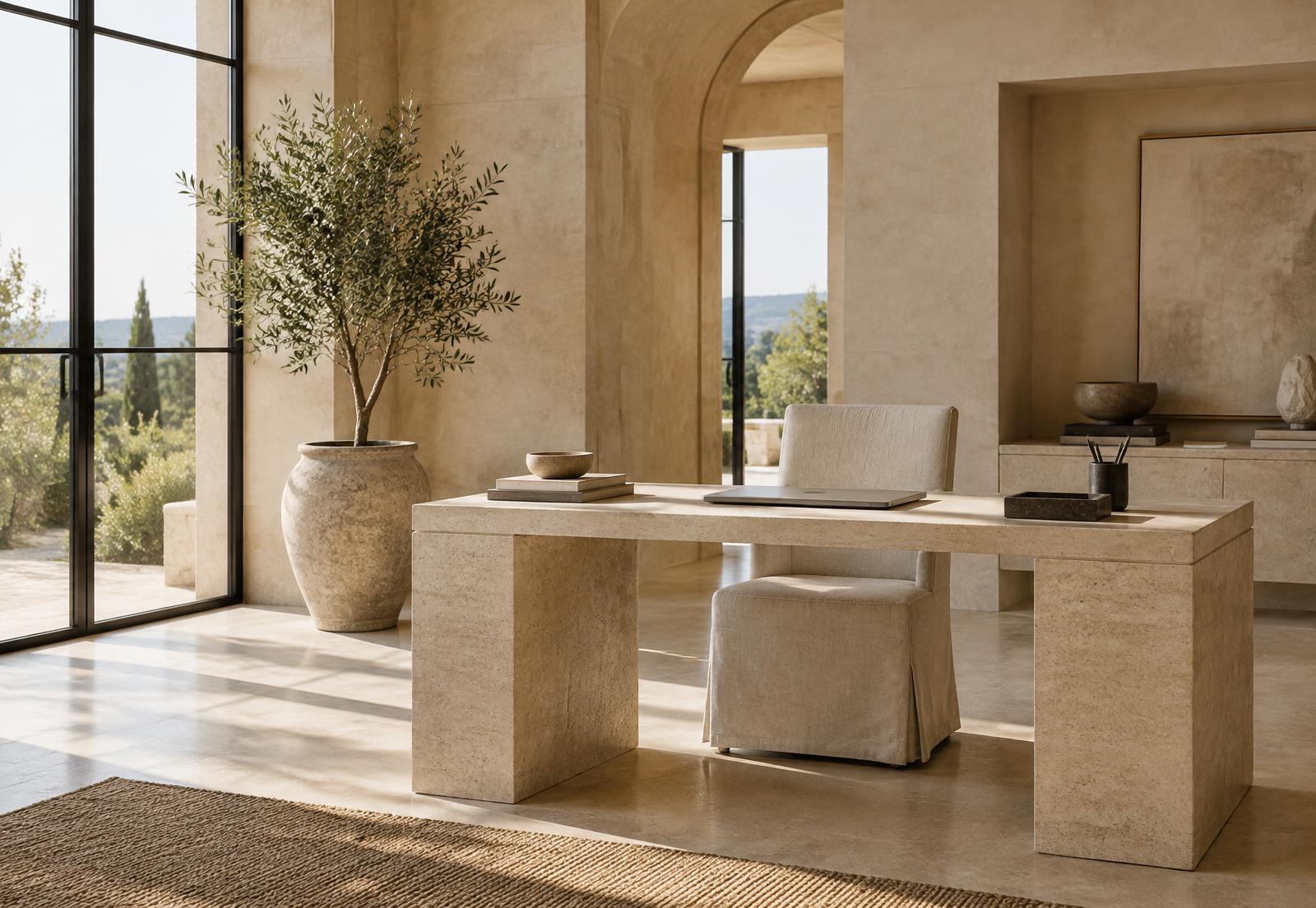 Limestone architectural interior with an olive tree